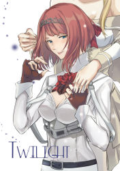 Rule 34 | 2girls, ark royal (kancolle), belt, blue eyes, blunt bangs, bob cut, brown gloves, cleavage cutout, clothing cutout, corset, fingerless gloves, gloves, hairband, head out of frame, kantai collection, long sleeves, multiple girls, red hair, red ribbon, ribbon, sei masami, short hair, solo focus, tiara, upper body, warspite (kancolle), white corset