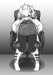 Rule 34 | 1girl, aethella mugolm, blush, boots, breasts, chair, commentary, commission, dildo, dildo reveal, earrings, english commentary, full body, glasses, gloves, greenopi, greyscale, grin, hair ornament, hairclip, highres, jacket, jewelry, large breasts, long sleeves, looking at viewer, mole, mole under eye, monochrome, office chair, original, pantyhose, sex toy, smile, solo, swivel chair, trembling