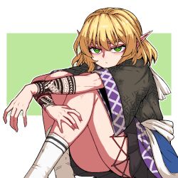 Rule 34 | 1girl, arm tattoo, ass, black skirt, blonde hair, closed mouth, deep skin, feet out of frame, formicid, green eyes, leg grab, mizuhashi parsee, pleated skirt, pointy ears, short hair, short sleeves, skirt, socks, solo, tattoo, thighs, touhou, white socks, wide sleeves