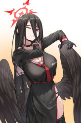 Rule 34 | 1girl, absurdres, black choker, black gloves, black hair, black shirt, black skirt, black wings, blue archive, breasts, choker, clenched teeth, crop top, crop top overhang, gloves, hair between eyes, halo, hand on own shoulder, hasumi (blue archive), highres, large breasts, large wings, long bangs, long hair, looking at viewer, low wings, necktie, one eye closed, pleated skirt, police riot (artist), red eyes, red necktie, sailor collar, shirt, side slit, simple background, skirt, solo, stretching, teeth, very long hair, white sailor collar, wings