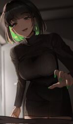 Rule 34 | 1girl, black hair, blush, breasts, brown eyes, colored inner hair, commentary, earrings, english commentary, green eyes, green hair, highres, jewelry, large breasts, looking at viewer, miru (ormille), mole, mole on breast, mole under eye, multicolored hair, open mouth, original, ormille, short hair, smile, solo, sweater, two-tone hair