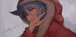 Rule 34 | 1girl, absurdres, animal ears, arknights, blood, blood on face, blood on hands, brown eyes, chinese commentary, covered mouth, dated, female focus, fur-trimmed hood, fur trim, grey background, grey hair, hair between eyes, hand up, highres, hood, hooded jacket, jacket, long hair, long sleeves, looking at viewer, mixed-language commentary, projekt red (arknights), red jacket, rlonely zhuazi, signature, solo, upper body, wolf ears