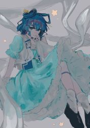 Rule 34 | 1girl, aqua dress, bad id, bad twitter id, black footwear, blue eyes, blue hair, blue ribbon, dress, drill hair, eyebrows hidden by hair, flat chest, floating, flower, foot out of frame, gotagotay, grey background, hagoromo, hair between eyes, hair ornament, hair rings, hair stick, hand on own chin, highres, kaku seiga, knees up, leg ribbon, looking at viewer, parted lips, petticoat, puffy short sleeves, puffy sleeves, ribbon, shawl, short hair, short sleeves, simple background, smile, solo, star (symbol), touhou, vest, white vest