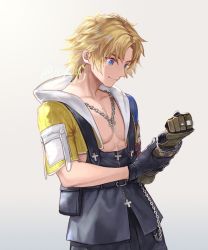 Rule 34 | 1boy, adjusting clothes, adjusting gloves, armor, black gloves, black overalls, black shorts, blonde hair, blue eyes, chain necklace, cowboy shot, cropped hoodie, final fantasy, final fantasy x, gloves, grey background, hood, hood down, hoodie, jewelry, looking at hand, male focus, necklace, overalls, parted bangs, pectorals, sasanomesi, short hair, short sleeves, shorts, shoulder armor, smile, solo, tidus, twitter username, yellow hoodie