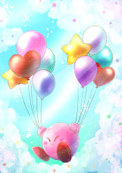 Rule 34 | balloon, blue sky, blush stickers, closed mouth, cloud, commentary, day, english commentary, closed eyes, floating, full body, heart, heart balloon, highres, holding, holding balloon, kirby, kirby (series), konna-nani, light rays, nintendo, no humans, outdoors, red footwear, shoes, sky, solo, sparkle, star (symbol), star balloon, sunbeam, sunlight