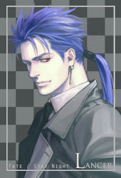 Rule 34 | 1boy, bad id, bad pixiv id, blue hair, character name, copyright name, cu chulainn (fate), earrings, fate/stay night, fate (series), formal, jewelry, cu chulainn (fate/stay night), long hair, male focus, ponytail, red eyes, solo, suit, syuhei210