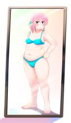 Rule 34 | 1girl, artist name, blue bra, blue panties, blush, bra, breasts, brown eyes, cloudxmoe, english text, full body, highres, jitome, long hair, looking at mirror, looking at viewer, medium breasts, mirror, navel, original, panties, parted lips, pink hair, plump, shadow, sidelocks, simple background, solo, spanish commentary, standing, thick arms, thick thighs, thighs, underwear, underwear only, white background
