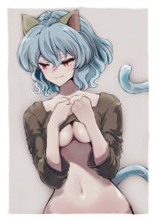 Rule 34 | 1girl, animal ears, breasts, cat ears, cat tail, clothes lift, female focus, highres, hunter x hunter, looking to the side, neferpitou, red eyes, shirt lift, short hair, slit pupils, tail, underboob, white hair, yagisawa teru