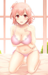 Rule 34 | 1girl, absurdres, bare arms, bare shoulders, barefoot, bed, blush, bra, breast hold, breasts, cleavage, collarbone, hair bun, hand up, highres, inanaki shiki, lace, lace-trimmed bra, lace trim, large breasts, lingerie, looking at viewer, navel, on bed, open mouth, panties, pink bra, pink hair, pink panties, red eyes, short hair, side-tie panties, side bun, sidelocks, single hair bun, single side bun, solo, underwear, underwear only, window, yahari ore no seishun lovecome wa machigatteiru., yuigahama yui