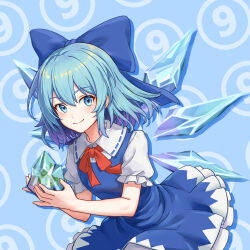 Rule 34 | 1girl, absurdres, blue bow, blue dress, blue eyes, blue hair, bow, bowtie, circled 9, cirno, closed mouth, commentary request, detached wings, dress, frozen, frozen frog, hair bow, highres, ice, ice wings, looking at viewer, pinafore dress, puffy short sleeves, puffy sleeves, red bow, red bowtie, short sleeves, sleeveless, sleeveless dress, smile, solo, touhou, wings, xiaoyu yao (htx1993601)