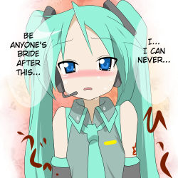 Rule 34 | 1girl, bare shoulders, blue eyes, blush, confession, cosplay, detached sleeves, female focus, gradient background, green hair, hard-translated, hatsune miku, hatsune miku (cosplay), headphones, headset, hiiragi kagami, long hair, lowres, lucky star, microphone, necktie, ruined for marriage, sad, solo, tears, third-party edit, translated, tsurime, twintails, vocaloid, white background, yuubi