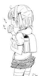 Rule 34 | 1girl, ahoge, backpack, bad id, bad pixiv id, bag, child, eating, food, food on face, greyscale, hair ribbon, lace, lace-trimmed skirt, lace trim, layered skirt, maromi (am97), marui mitsuba, microskirt, mitsudomoe (manga), monochrome, pleated skirt, randoseru, ribbon, short hair, short twintails, skirt, solo, striped clothes, striped skirt, sweet potato, thighhighs, twintails, zettai ryouiki