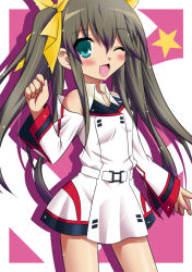 Rule 34 | 10s, 1girl, bare shoulders, blush, brown hair, detached sleeves, fang, female focus, flat chest, green eyes, hair ribbon, huang lingyin, infinite stratos, isa (ni-iro), long hair, open mouth, ribbon, school uniform, solo, twintails, wink