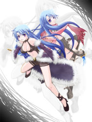 Rule 34 | 2girls, assassin cross (ragnarok online), black footwear, black shirt, black shorts, blue hair, braid, cape, choker, closed mouth, commentary request, dagger, detached sleeves, dual persona, full body, fur-trimmed cape, fur-trimmed sleeves, fur trim, hachipocchi, high heels, holding, holding dagger, holding knife, holding weapon, knife, long hair, looking at viewer, multiple girls, navel, purple cape, purple eyes, purple sleeves, ragnarok online, revealing clothes, shirt, short shorts, shorts, stalker (ragnarok online), twin braids, waist cape, weapon