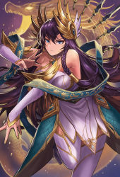 Rule 34 | 1girl, alternate costume, armpits, bare shoulders, blue eyes, braid, breasts, detached sleeves, divine sword irelia, fighting stance, floating, floating object, floating sword, floating weapon, hella p, highres, irelia, large breasts, league of legends, looking at viewer, purple background, purple hair, solo, sword, tagme, thighhighs, twin braids, weapon, zettai ryouiki