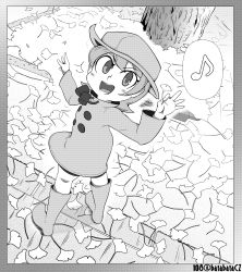 Rule 34 | 1girl, autumn, autumn leaves, batabatacz, boots, border, grey border, greyscale, hands up, hat, highres, leaves, looking at viewer, monochrome, musical note, open mouth, raincoat, skullgirls, smile, solo, speech bubble, umbrella (skullgirls)