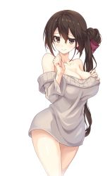 Rule 34 | 1girl, bare shoulders, blush, bow, breasts, brown eyes, brown hair, cleavage, collarbone, commentary request, cowboy shot, dress, frown, grey sweater, hair between eyes, hair bow, hair bun, hand on own chest, hand up, highres, hinoki yuu, large breasts, long hair, long sleeves, looking at viewer, off-shoulder sweater, off shoulder, original, side bun, side ponytail, sidelocks, simple background, single hair bun, single side bun, solo, standing, sweater, sweater dress, thighs, very long hair, white background