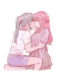 Rule 34 | 2girls, blush, commentary request, eye contact, grey hair, grey skirt, hand on another&#039;s arm, imminent kiss, korean commentary, long hair, long sleeves, looking at another, love live!, love live! sunshine!!, matsuura kanan, multiple girls, noses touching, open mouth, pito (sh02327), pleated skirt, ponytail, purple shirt, purple shorts, red eyes, red hair, sakurauchi riko, shirt, short sleeves, shorts, simple background, sitting, skirt, smile, white background, white shirt, yuri