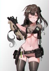 Rule 34 | + +, 1girl, ;), black gloves, black panties, blush, bow, bow legwear, bow panties, brown hair, buckle, bullpup, chromatic aberration, combat knife, cowboy shot, cropped jacket, gloves, gluteal fold, gradient background, gradient hair, grey hair, groin, gun, highres, holding, holding gun, holding weapon, horizontal magazine, ihobus, knife, long hair, looking at viewer, lowleg, lowleg panties, mouth hold, multicolored hair, multiple girls, navel, one eye closed, open clothes, open shirt, orange eyes, original, p90, panties, personal defense weapon, pouch, revealing clothes, simple background, skindentation, smile, snap-fit buckle, solo, stomach, submachine gun, thighhighs, thighs, thong, underwear, weapon