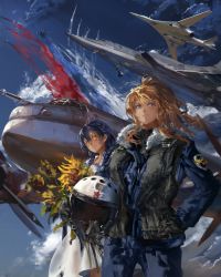 Rule 34 | 10s, 2girls, aircraft, airplane, ayase eli, blonde hair, blue eyes, blue hair, braid, cloud, fighter jet, flower, gloves, jet, long hair, long sleeves, love live!, love live! school idol project, military, military uniform, military vehicle, multiple girls, one side up, pilot, ponytail, red star, sky, smile, sonoda umi, star (symbol), stu dts, uniform, vehicle focus, yellow eyes