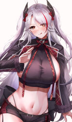 Rule 34 | 1girl, absurdres, antenna hair, azur lane, black shorts, bow, bowtie, breasts, cleavage, cowboy shot, crop top, frilled sleeves, frills, highleg, highleg panties, highres, idol clothes, kirisamede gzr, large breasts, licking lips, looking at viewer, midriff, multicolored hair, navel, official alternate costume, panties, plaid, plaid bow, plaid bowtie, prinz eugen (azur lane), prinz eugen (muse) (azur lane), red hair, short shorts, shorts, sideboob, sideboob cutout, solo, streaked hair, string panties, tongue, tongue out, two side up, underwear, white background, white hair