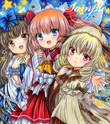 Rule 34 | 3girls, ascot, black hair, blonde hair, blue eyes, blush, bow, chestnut mouth, dress, drill hair, fairy wings, hair bow, hair ornament, hat, headdress, long hair, long sleeves, looking at viewer, luna child, multiple girls, open mouth, red eyes, rui (sugar3), sample watermark, smile, star (symbol), star hair ornament, star print, star sapphire, starry background, sunny milk, touhou, traditional media, twintails, watermark, white dress, wings