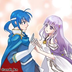 Rule 34 | 1boy, 1girl, andt kn, bare shoulders, blue eyes, blue hair, brother and sister, cape, circlet, dress, fire emblem, fire emblem: genealogy of the holy war, holding hands, julia (fire emblem), long hair, nintendo, open mouth, ponytail, purple eyes, purple hair, seliph (fire emblem), siblings, simple background, twitter username