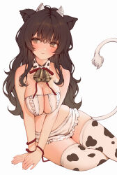 Rule 34 | 1girl, absurdres, animal ears, animal print, bell, bikini, bikini skirt, blush, breasts, breasts squeezed together, brown eyes, brown hair, cleavage, closed mouth, commentary, cow ears, cow girl, cow horns, cow print, cow print thighhighs, cow tail, detached collar, highres, horns, large breasts, long hair, looking to the side, mole, mole on breast, mole under eye, neck bell, original, print thighhighs, raeun 46, red ribbon, ribbon, simple background, sitting, solo, swimsuit, symbol-only commentary, tail, white background, white bikini, yokozuwari