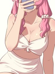 Rule 34 | 1girl, breasts, cellphone, cleavage, commentary, front-tie top, hair ornament, hair scrunchie, head out of frame, high-waist skirt, highres, holding, holding phone, large breasts, low twintails, midriff, miniskirt, original, phone, pink hair, rida (vibrantrida), scrunchie, skirt, smartphone, solo, twintails, upper body, vibrantrida