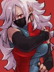 Rule 34 | 1girl, android 21, black nails, breasts, checkered clothes, checkered dress, coronavirus pandemic, dragon ball, dragon ball fighterz, dress, earrings, fingernails, hand on own hip, hoop earrings, jewelry, kemachiku, large breasts, long hair, looking at viewer, mask, mouth mask, nail polish, red background, red eyes, simple background, solo, upper body, white hair