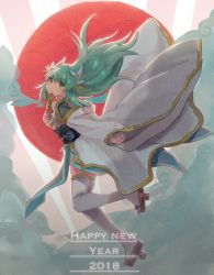 Rule 34 | 1girl, 2018, cloud, commentary, english text, fan to mouth, fate/grand order, fate (series), folding fan, green hair, hair ornament, hand fan, happy new year, highres, holding, holding fan, horns, japanese clothes, japanese flag, kimono, kiyohime (fate), long hair, long sleeves, looking at viewer, mochii, new year, obi, pelvic curtain, sandals, sash, smile, solo, thighhighs, white thighhighs, wide sleeves, yellow eyes