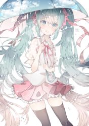 Rule 34 | 1girl, :d, absurdres, black thighhighs, blush, cloud print, commentary request, flower, frilled skirt, frills, gradient hair, green eyes, green hair, hair between eyes, hair flower, hair ornament, hair ribbon, hatsune miku, head tilt, highres, holding, holding umbrella, light brown hair, long hair, melt (vocaloid), multicolored hair, open mouth, pink flower, pink ribbon, pleated skirt, print umbrella, puffy short sleeves, puffy sleeves, red skirt, ribbon, see-through, see-through sleeves, shirt, short sleeves, siblings, sidelocks, siho (ricchil), simple background, skirt, smile, solo, thighhighs, twins, umbrella, very long hair, vocaloid, water drop, white background, white shirt