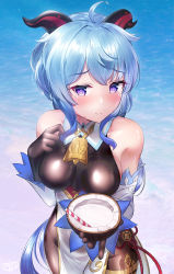 Rule 34 | 1girl, ahoge, bare shoulders, bell, black bodysuit, black gloves, black legwear, blue hair, blush, bodice, bodystocking, bodysuit, breasts, chinese knot, coconut, commentary request, cowbell, cowboy shot, detached sleeves, drinking straw, duplicate, flower knot, food, fruit, ganyu (genshin impact), genshin impact, gloves, gold trim, highres, horns, long hair, looking at viewer, medium breasts, neck bell, ocean, partial commentary, pixel-perfect duplicate, purple eyes, shirosaba, sideboob, sidelocks, signature, solo, sweat, thighlet, wet, white sleeves