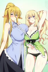 Rule 34 | 2girls, :o, animal ears, arm up, armpits, bare shoulders, black skirt, blonde hair, blue eyes, blush, breasts, centorea shianus, cleavage, clothes lift, crossover, dress, dress lift, gluteal fold, green dress, highres, horse ears, huge breasts, large breasts, lifted by self, lindaroze, long hair, looking at viewer, monster musume no iru nichijou, multiple girls, navel, neptune (series), open mouth, ponytail, shirt, skirt, sleeveless, sleeveless shirt, standing, vert (neptunia), very long hair