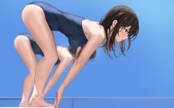 Rule 34 | 2girls, absurdres, bare arms, bare legs, bent over, blue one-piece swimsuit, blue sky, blurry, blurry background, blush, breasts, brown eyes, brown hair, closed mouth, covered erect nipples, eto (ikumika), full body, highres, long hair, medium breasts, multiple girls, one-piece swimsuit, original, profile, school swimsuit, shiny skin, shoulder blades, sky, solo focus, straight hair, swimsuit