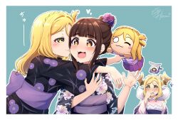 3girls :3 ;3 absurdres aqua_background artist_name black_kimono blonde_hair blunt_bangs blush border braid brown_eyes brown_hair character_doll closed_mouth commentary_request covering_own_mouth crown_braid dual_persona familiar floral_print floral_print_kimono genjitsu_no_yohane hand_over_own_mouth heart heart-shaped_pupils highres japanese_clothes kimono kiss kissing_cheek long_hair love_live! love_live!_sunshine!! mari_(genjitsu_no_yohane) mole mole_on_cheek multiple_girls nose_blush ohara_mari one_eye_closed open_mouth parted_lips pellapie_(genjitsu_no_yohane) print_kimono short_hair sidelocks signature single_hair_ring ska.harumi sleeves_past_elbows suzuki_aina_(voice_actor) symbol-shaped_pupils voice_actor voice_actor_connection white_border white_kimono yellow_eyes