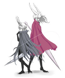 Rule 34 | 1boy, 1girl, absurdres, cloak, full body, height difference, highres, hollow knight, hornet (hollow knight), horns, humanization, knight (hollow knight), limited palette, needle, simple background, thread, torn cloak, torn clothes, user wydx8283, white background, white hair