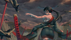 Rule 34 | 1girl, ahoge, armlet, back, bandages, bandaged arm, bandages, battlefield, bird, black hair, black kimono, cloud, cloudy sky, commentary, crow, english commentary, from behind, hair tie, highres, holding, holding sword, holding weapon, japanese clothes, katana, kimono, looking back, multiple swords, off shoulder, original, outdoors, planted sword, planted, ponytail, red eyes, sarashi, sheath, short kimono, sky, sword, thighlet, weapon, whoareuu