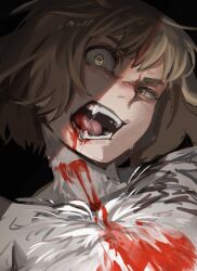 Rule 34 | barley juice, blonde hair, blood, blood from mouth, blood on face, chimera, commentary, dungeon meshi, falin touden, falin touden (chimera), fangs, looking at viewer, monster girl, open mouth, short hair, spoilers, unfinished, upper body, white fur