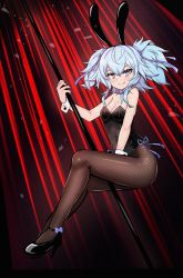 Rule 34 | 1girl, absurdres, animal ears, black footwear, black leotard, blue bow, blue bowtie, blue eyes, blue hair, bow, bowtie, breasts, brown pantyhose, cleavage, commentary request, curtains, detached collar, fake animal ears, fishnet pantyhose, fishnets, full body, girls&#039; frontline, high heels, highres, huge filesize, korean commentary, kumarang, leotard, long hair, looking away, medium breasts, nail polish, pa-15 (girls&#039; frontline), pantyhose, playboy bunny, pole, pole dancing, rabbit ears, rabbit girl, red curtains, solo, strapless, strapless leotard, twintails, wrist cuffs