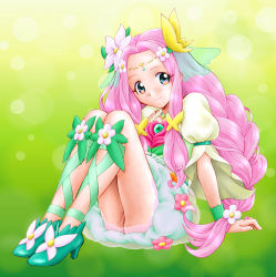 Rule 34 | 1girl, blue eyes, braid, cleft of venus, cure felice, flower, full body, gradient background, green background, green footwear, green ribbon, ha-chan (mahou girls precure!), hair flower, hair ornament, hanami kotoha, leg ribbon, light particles, long hair, looking at viewer, magical girl, mahou girls precure!, multicolored eyes, no panties, pink eyes, pink hair, precure, pussy, pussy peek, ribbon, shoes, sitting, skirt, smile, solo, twin braids, unno hotaru, wrist cuffs, yellow background