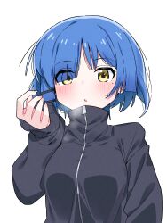 Rule 34 | 1girl, black jacket, blue hair, blush, bocchi the rock!, commentary, eyes visible through hair, hair ornament, hair over one eye, hairclip, hand up, highres, jacket, long sleeves, mole, mole under eye, parted lips, puffy long sleeves, puffy sleeves, simple background, sleeves past wrists, solo, tosyeo, white background, yamada ryo, yellow eyes