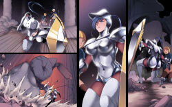 Rule 34 | 3girls, armor, armored leotard, attack, bikini armor, blonde hair, blue hair, boots, breasts, cape, cleavage, cloak, comic, dodging, elbow gloves, gloves, golem, helmet, highres, knight, large breasts, long hair, medium breasts, monster, multiple girls, open mouth, original, punching, thighhighs, uns (sdsxsoverlord)