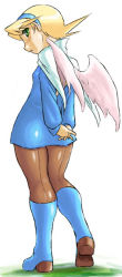 Rule 34 | 1girl, angel wings, ass, back-seamed legwear, blonde hair, blue footwear, boots, breath of fire, breath of fire iv, clothes lift, dr.p, green eyes, hairband, knee boots, nina (breath of fire iv), panties, panties under pantyhose, pantyhose, pencil skirt, seamed legwear, skirt, skirt lift, solo, underwear, white panties, white wings, wings