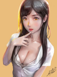 Rule 34 | 1girl, absurdres, breasts, brown hair, cleavage, collarbone, collared shirt, dated, finger to mouth, highres, jay b lee, lips, long hair, looking at viewer, medium breasts, open mouth, orange eyes, original, shiny skin, shirt, signature, solo, upper body, white shirt, yellow background