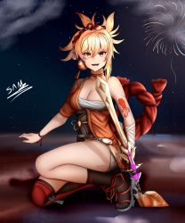Rule 34 | 1girl, :d, absurdres, arm tattoo, bandages, blonde hair, bow, breasts, choker, genshin impact, hair between eyes, highres, japanese clothes, kimono, open mouth, orange eyes, ponytail, resolution mismatch, samhz0, smile, solo, source smaller, tattoo, vision (genshin impact), yoimiya (genshin impact)