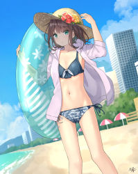 Rule 34 | 1girl, :o, arm up, bare legs, beach, beach umbrella, bikini, blue bikini, blue ribbon, blue sky, blush, breasts, brown hair, building, cleavage, collarbone, day, dutch angle, feet out of frame, flower, green eyes, hat, hat flower, hat ornament, hibiscus, highres, hood, hood down, hooded jacket, innertube, jacket, long sleeves, looking at viewer, miko fly, navel, open clothes, open jacket, original, outdoors, parted lips, red flower, ribbon, short hair, side-tie bikini bottom, signature, sky, small breasts, solo, standing, stomach, sun hat, swim ring, swimsuit, umbrella, white jacket, yellow flower