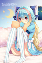 Rule 34 | 1girl, blonde hair, blue dress, blue gloves, blue hair, blush, brown hair, commentary request, copyright name, covered mouth, crescent, dress, gloves, hair between eyes, hugging object, kuroe (sugarberry), little alice (wonderland wars), long hair, looking at viewer, multicolored hair, no shoes, panties, pillow, pillow hug, puffy short sleeves, puffy sleeves, red eyes, short sleeves, sitting, solo, striped clothes, striped thighhighs, sunshine creation, thighhighs, two-tone hair, underwear, vertical-striped clothes, vertical-striped thighhighs, white panties, white thighhighs, wonderland wars