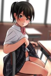 Rule 34 | 1girl, black hair, blurry, blush, brown eyes, checkered clothes, checkered skirt, classroom, clothes lift, day, depth of field, desk, highres, indoors, lifted by self, looking at viewer, matsunaga kouyou, nose blush, on chair, open mouth, original, panties, ponytail, school, school desk, school uniform, shirt, short hair, sitting, skirt, skirt lift, smile, solo, teeth, underwear, upper teeth only, white shirt