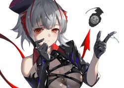Rule 34 | 1girl, arknights, asymmetrical gloves, bare shoulders, breasts, brown eyes, cleavage, commentary request, explosive, gloves, grenade, grey gloves, grey hair, grin, hands up, kozeni isari, large breasts, looking at viewer, see-through, see-through cleavage, short sleeves, simple background, smile, smiley face, solo, tail, upper body, w (arknights), white background, x x